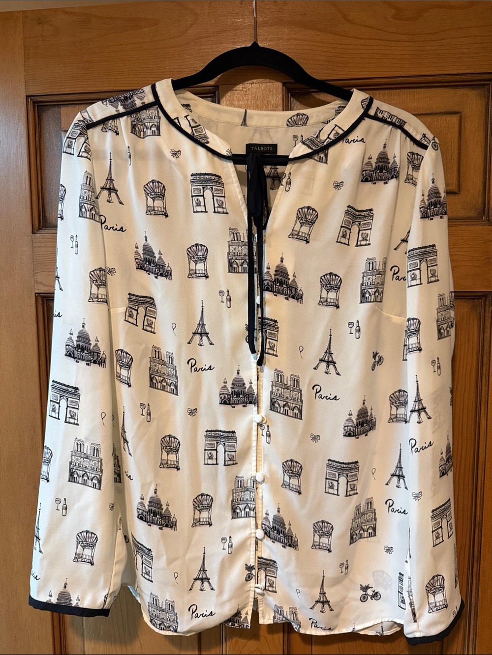 Talbots Ivory and Black Paris Print Silk-Blend Blouse